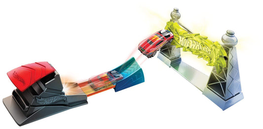 Hot Wheels Electric Tower Playset launcher close-up showing fast launches and action-ready cars.
