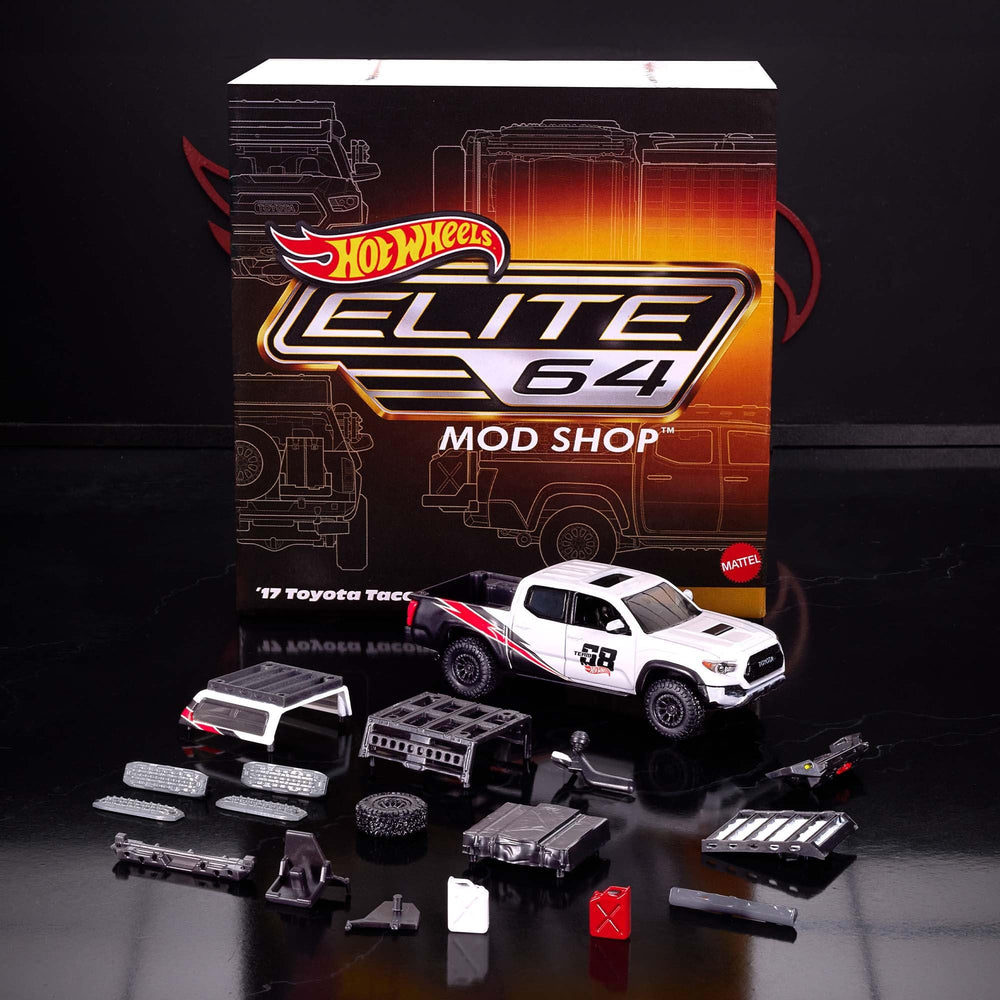 Hot Wheels Elite 64 Mod Shop 17 Tacoma front view highlights rugged off-road potential.