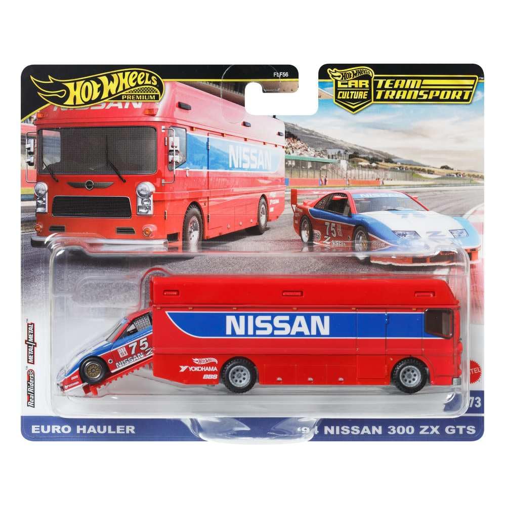 Hot Wheels Euro Hauler with 1994 Nissan 300ZX GTS set for durable display and imaginative play