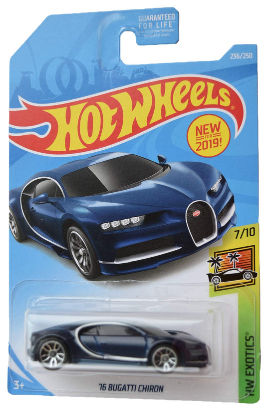 Hot Wheels Exotics 7/10 Bugatti Chiron blue front view for display and collection