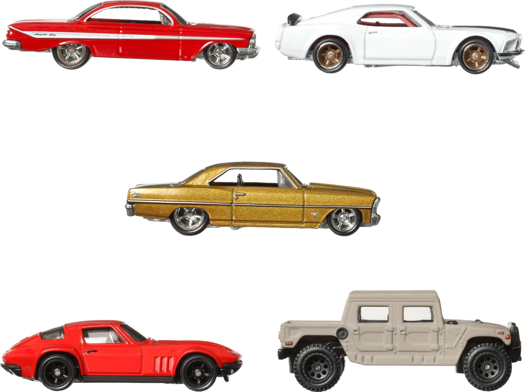 Hot Wheels Fast & Furious 1:64 5-pack side view highlights detailed die-cast styling for collectors.