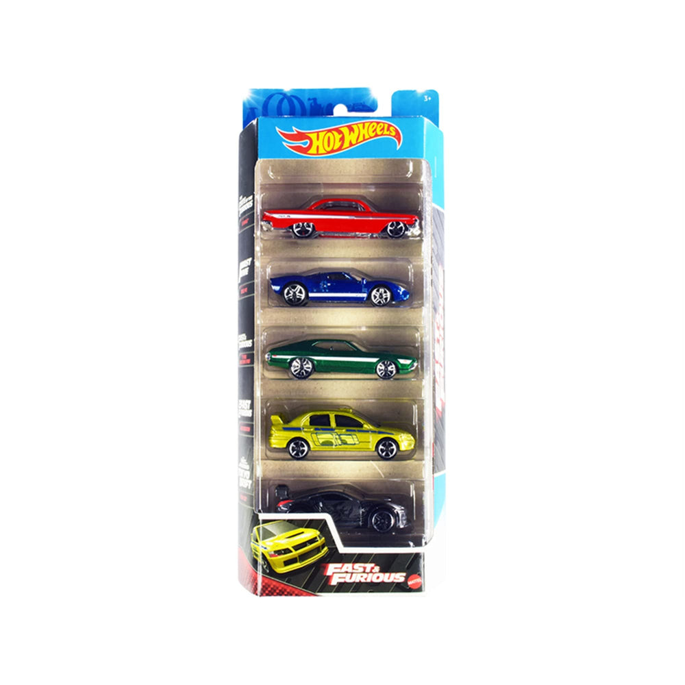 Hot Wheels Fast and Furious 5-Pack cars lineup showing detailed replicas.