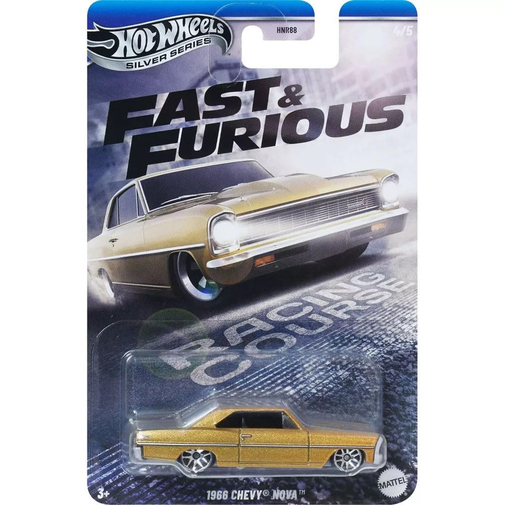 Hot Wheels Fast & Furious 66 Chevy Nova collector pack displayed on a shelf.