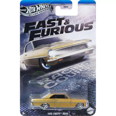 Hot Wheels Fast & Furious 66 Chevy Nova collector pack displayed on a shelf.