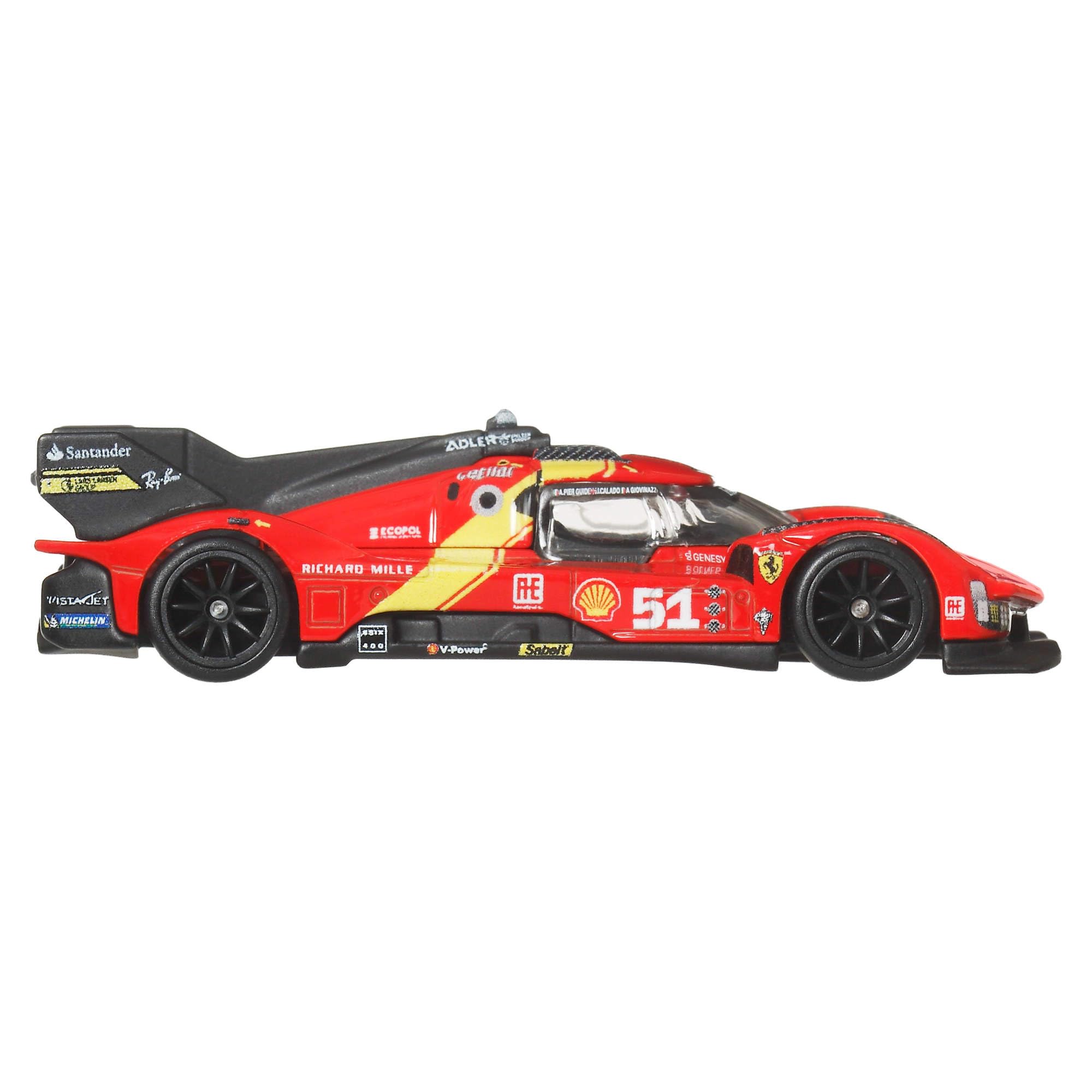Hot Wheels Ferrari 499P showcases custom wheels reflecting race-day design.