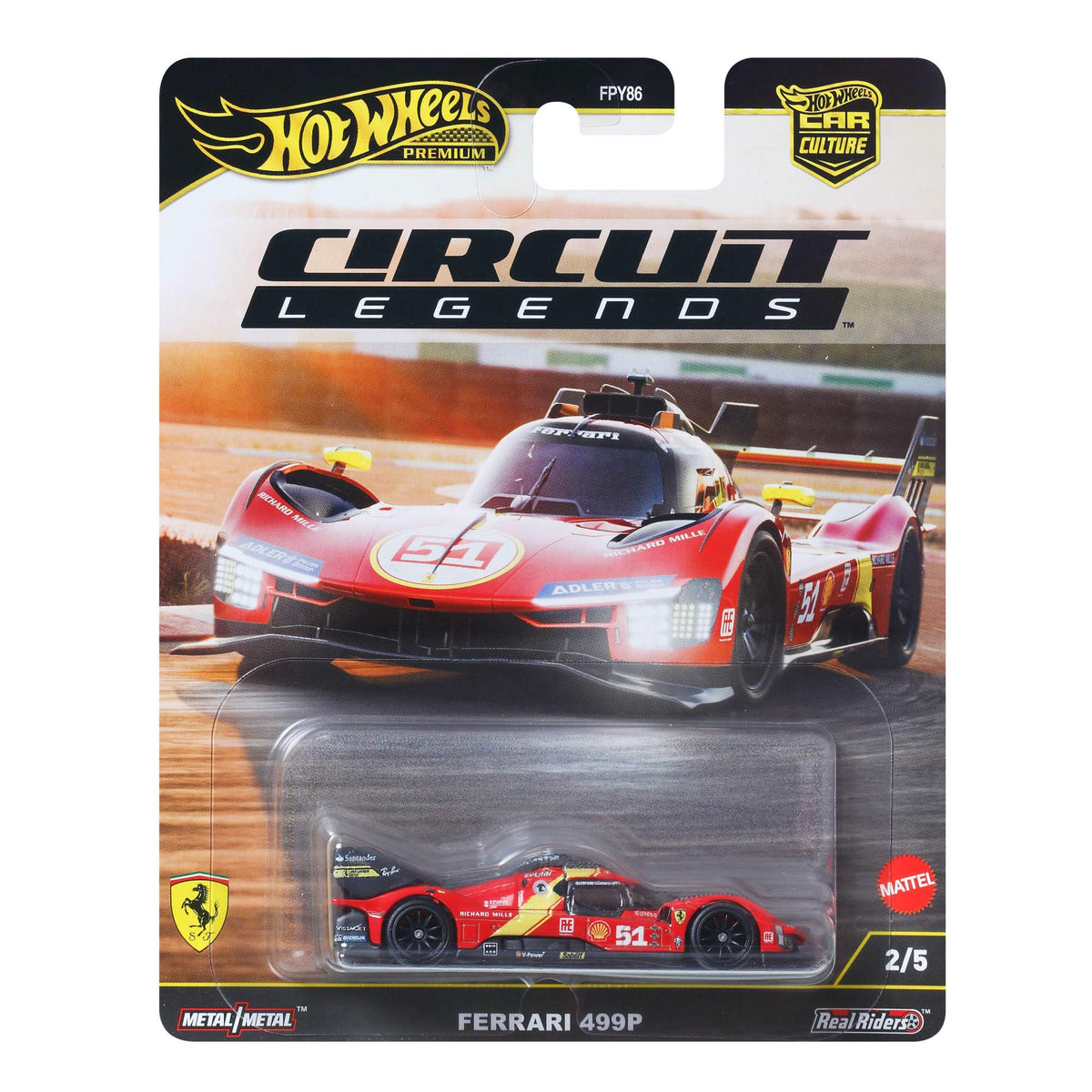 Hot Wheels Ferrari 499P with Real Riders tires for authentic display and play.