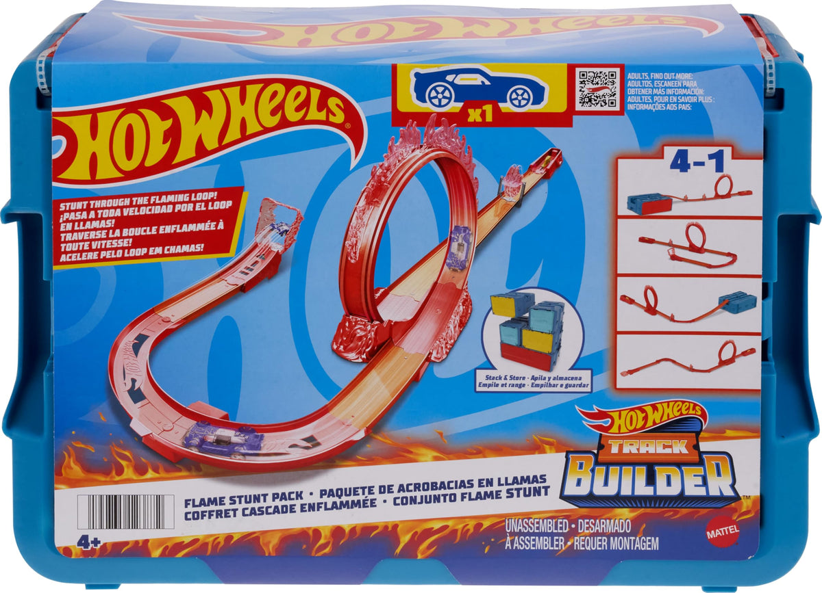 Hot Wheels Flame Stunt Pack box keeps pieces organized between play sessions.