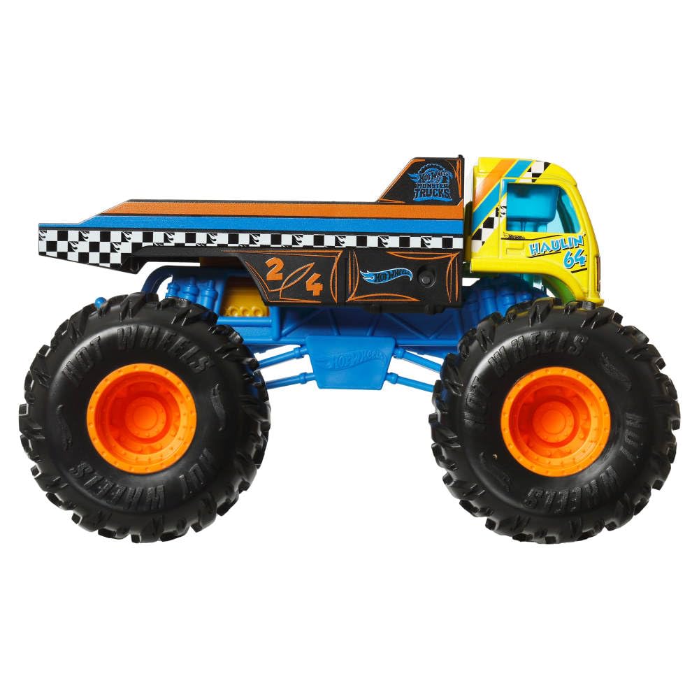 Hot Wheels flatbed loading monster trucks enables imaginative play.