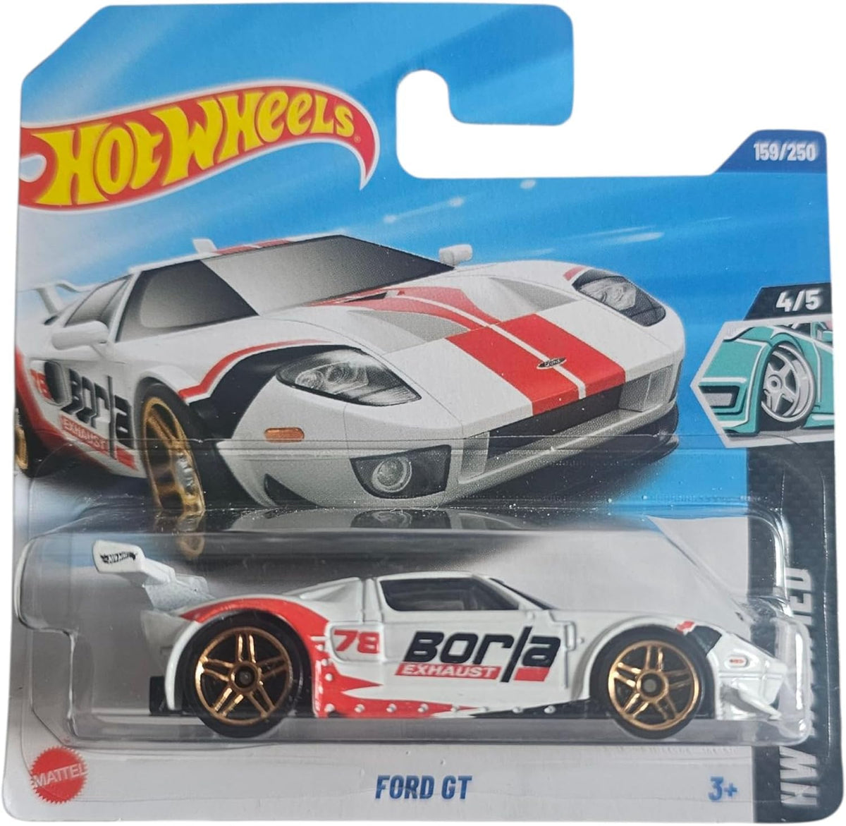 Hot Wheels Ford GT HW Modified 4/5 white Borla on display, ideal for collectors and shelves
