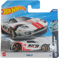 Hot Wheels Ford GT HW Modified 4/5 white Borla on display, ideal for collectors and shelves