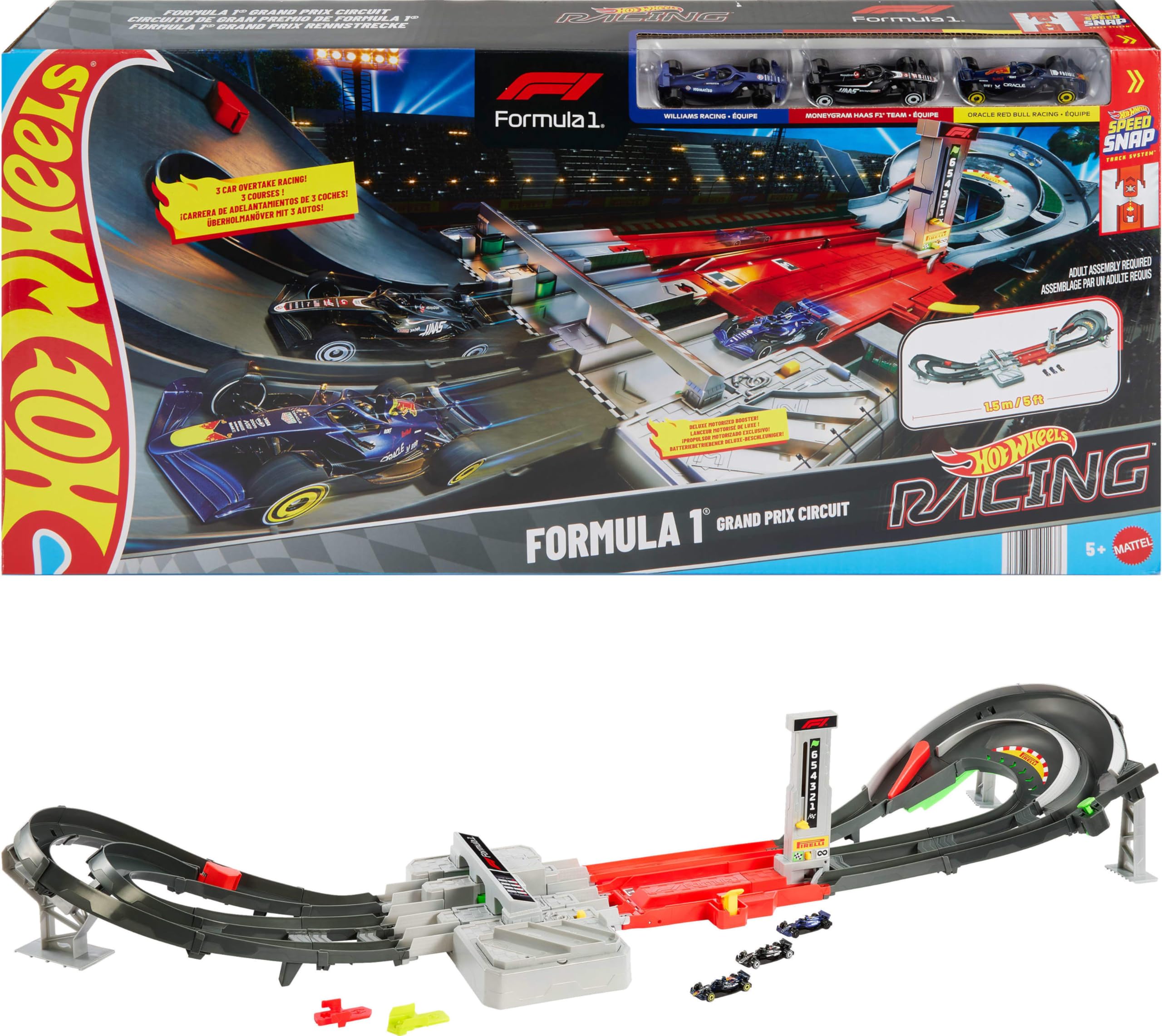Hot Wheels Formula 1 Grand Prix Circuit track set with three-lane racing action.