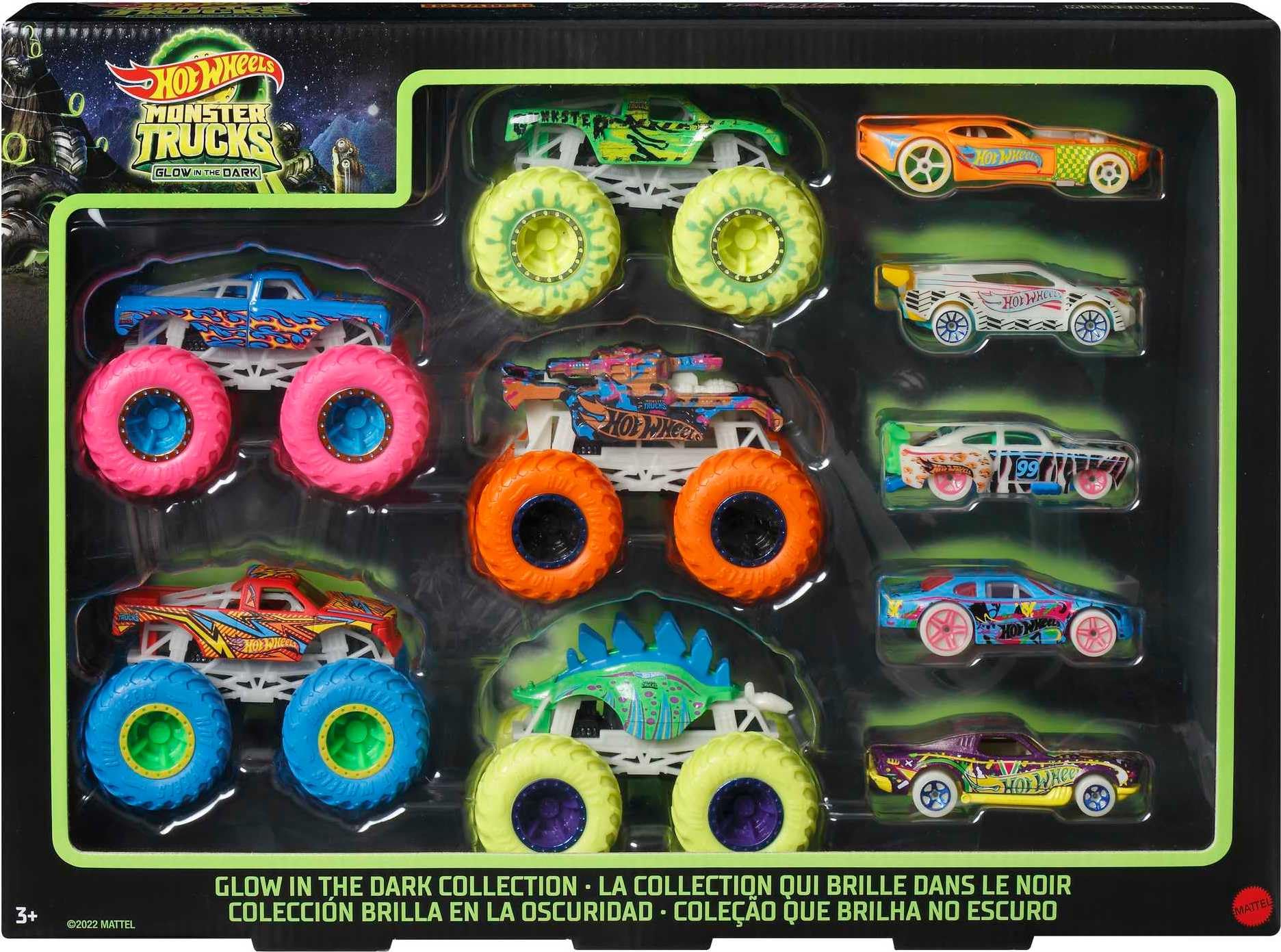 Hot Wheels Glow in the Dark Trucks 1:64 set lights up playtime at night.