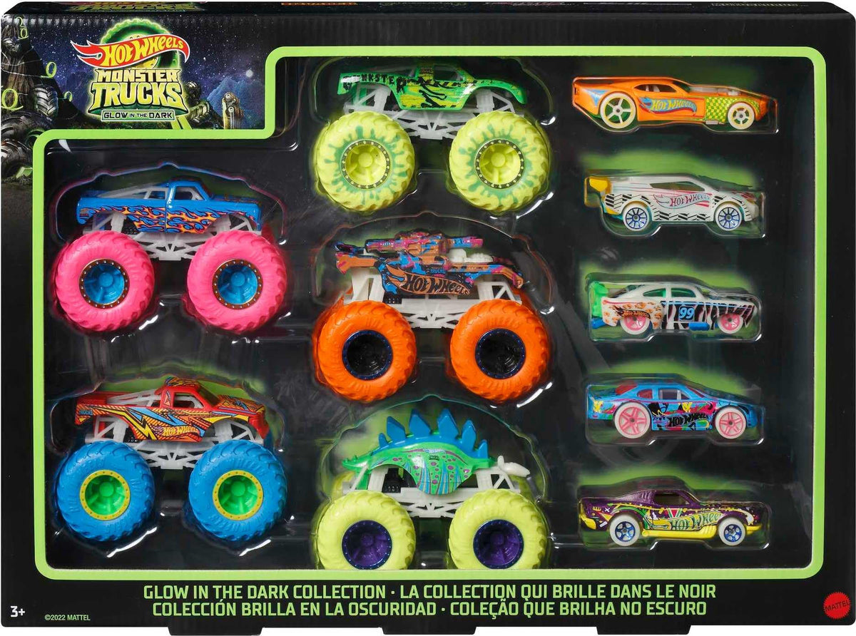 Hot Wheels Glow in the Dark Trucks 1:64 set lights up playtime at night.
