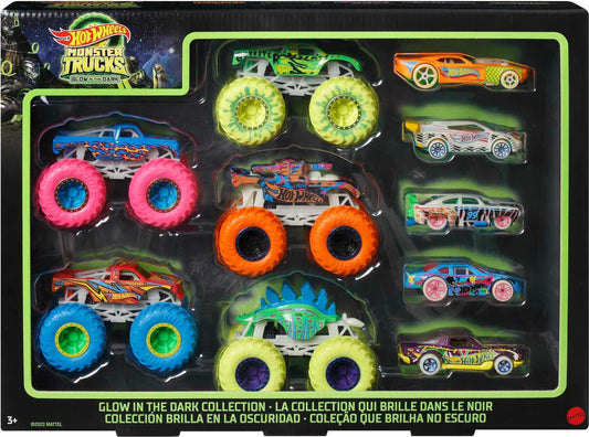 Hot Wheels Glow in the Dark Trucks 1:64 set lights up playtime at night.