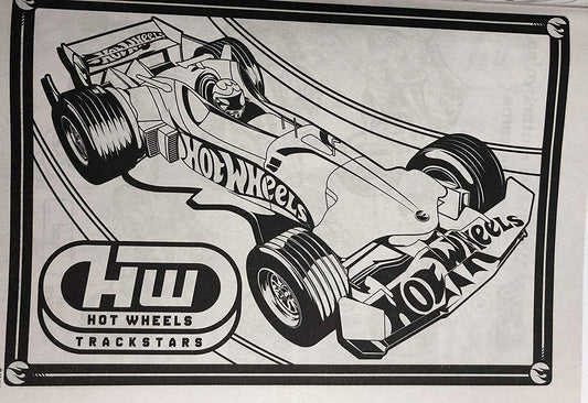 Hot Wheels Go for It page spread featuring cars for creative coloring and activities