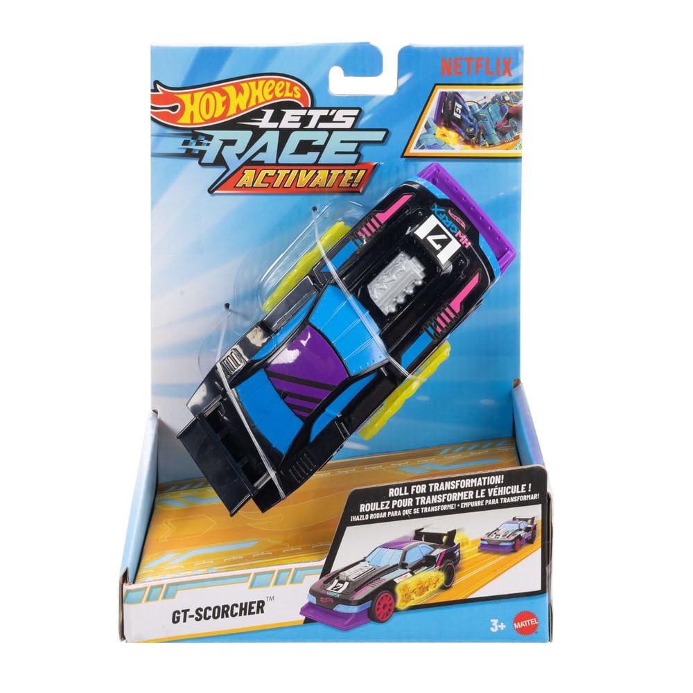 Hot Wheels GT-Scorcher front view with dramatic flames for action play.