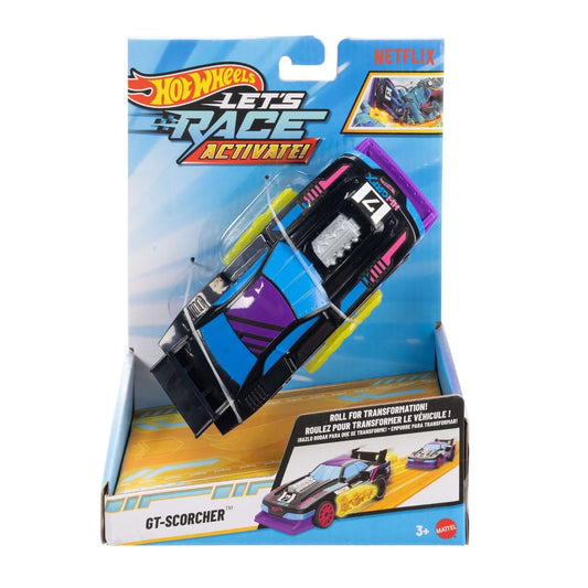 Hot Wheels GT-Scorcher front view with dramatic flames for action play.