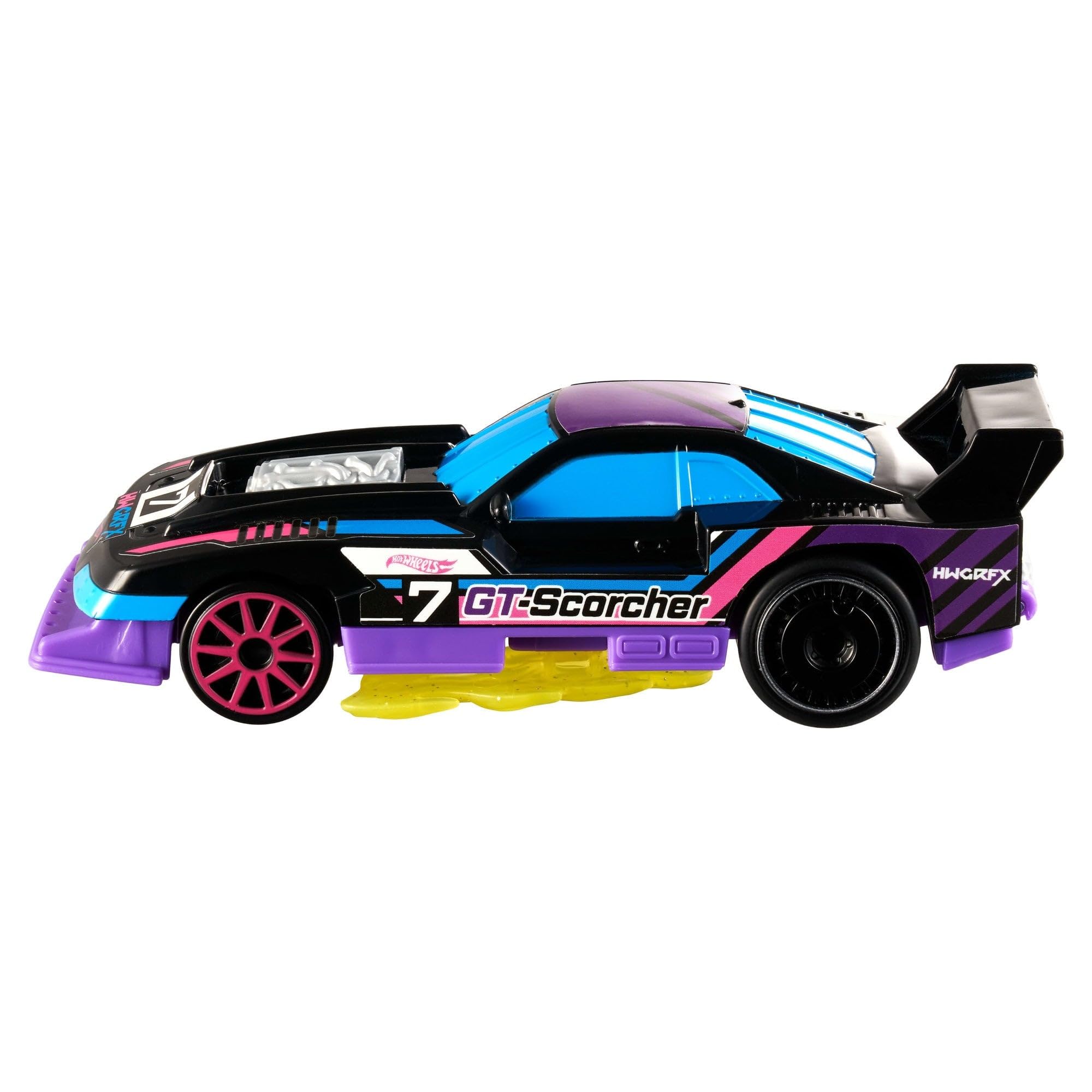 Hot Wheels GT-Scorcher rear flames visible as it speeds for imaginative races.