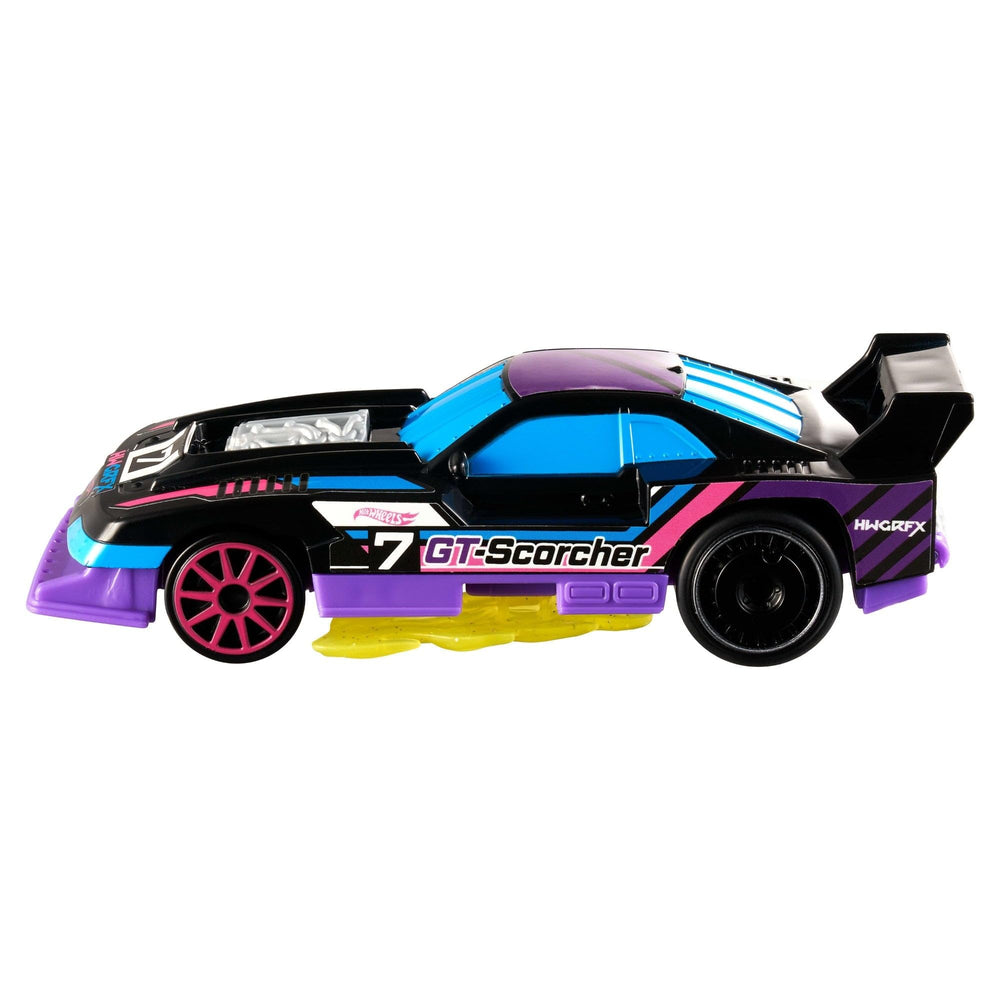 Hot Wheels GT-Scorcher rear flames visible as it speeds for imaginative races.