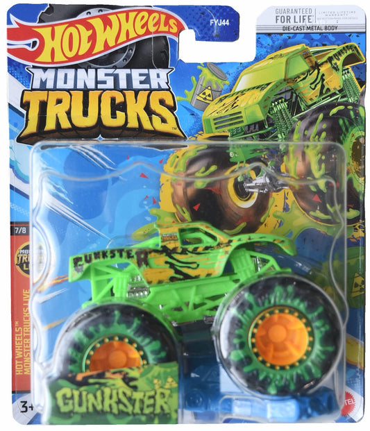 Hot Wheels Gunkster monster truck with connect-crash car for action-packed play sessions.