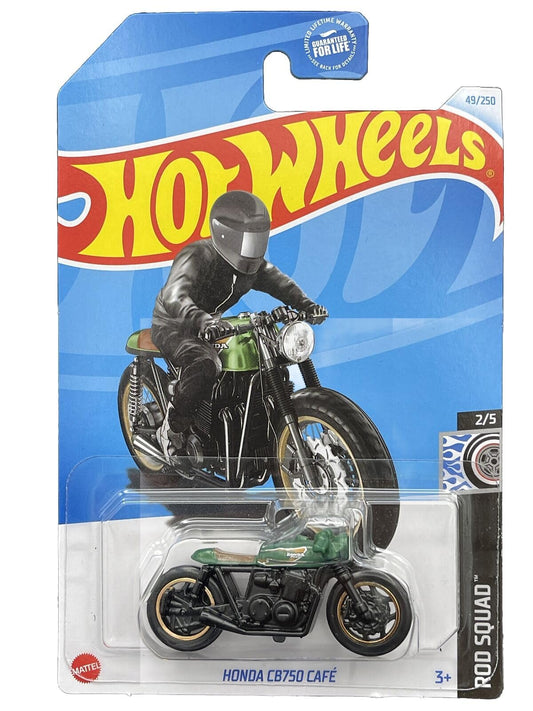 Hot Wheels Honda CB750 Cafe Rod Squad 2/5 with green seat — vivid detail for display collections.
