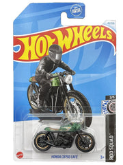 Hot Wheels Honda CB750 Cafe Rod Squad 2/5 with green seat — vivid detail for display collections.