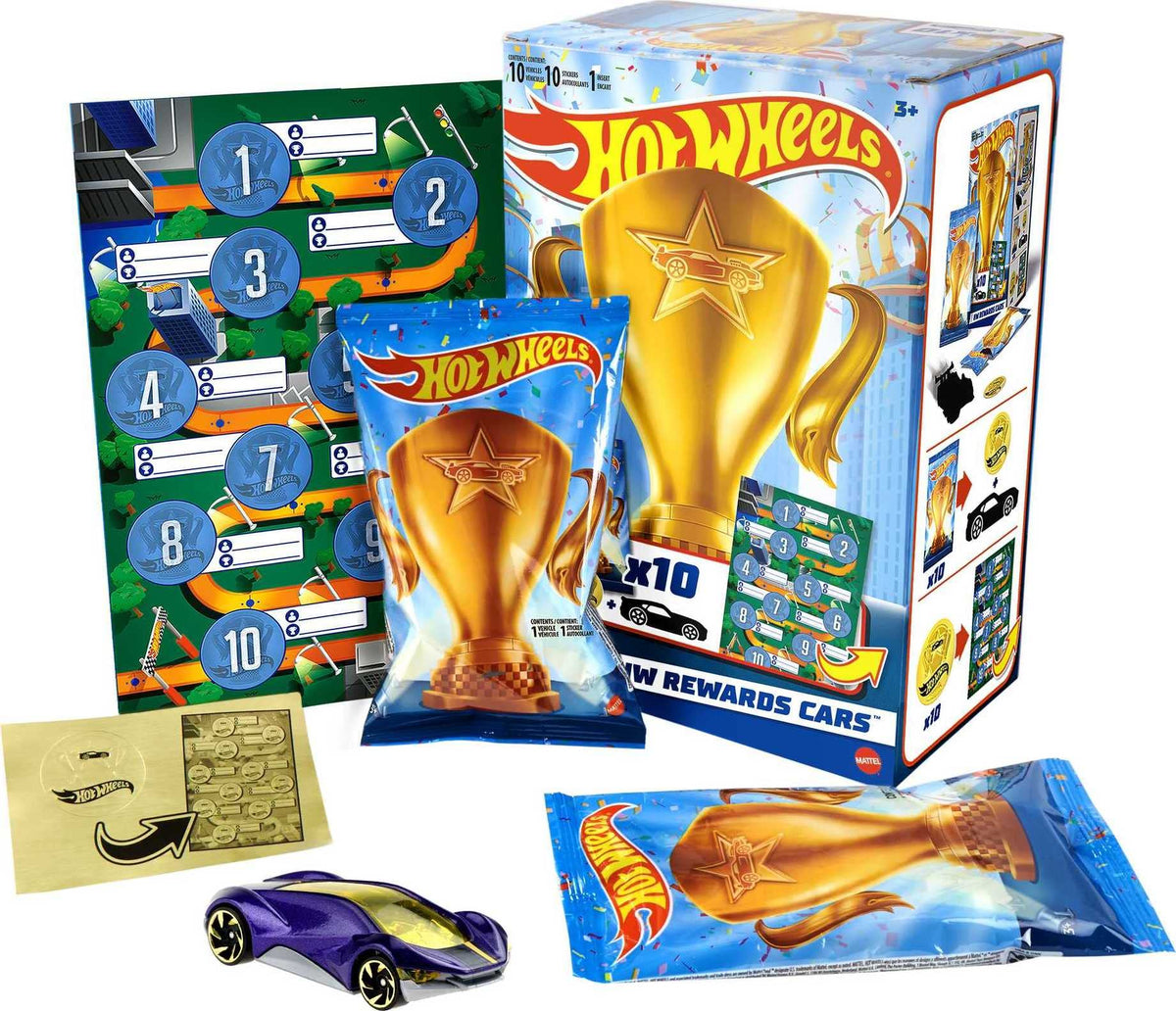 Hot Wheels HW Rewards collection pack with gold sticker featuring 10 wrapped 1:64-scale cars for rewards and storytelling