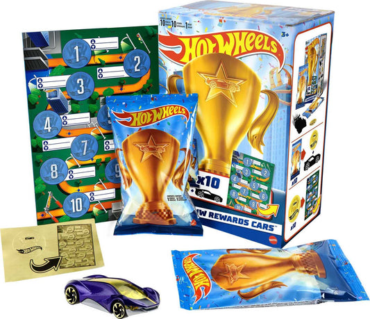Hot Wheels HW Rewards collection pack with gold sticker featuring 10 wrapped 1:64-scale cars for rewards and storytelling