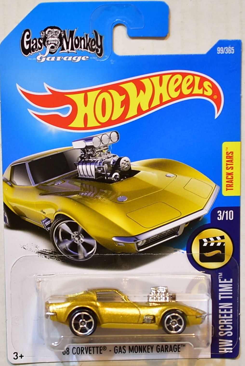 Hot Wheels Screen Time 68 Corvette Gas Monkey Garage gold finish ideal for display.