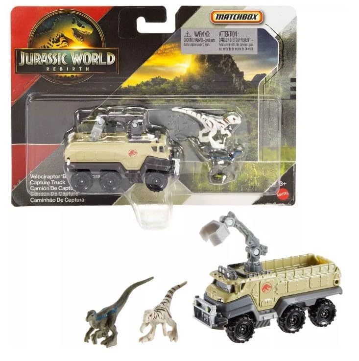 Hot Wheels Jurassic World Rebirth Velociraptor Blue and Atrociraptor Capture Truck for imaginative play.