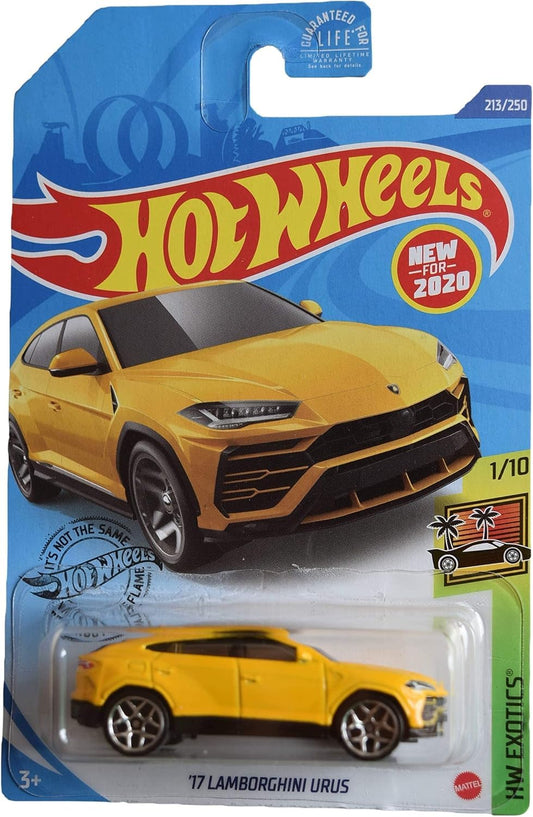 Hot Wheels Lamborghini Urus yellow die-cast model for display and gifting.