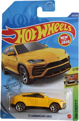 Hot Wheels Lamborghini Urus yellow die-cast model for display and gifting.