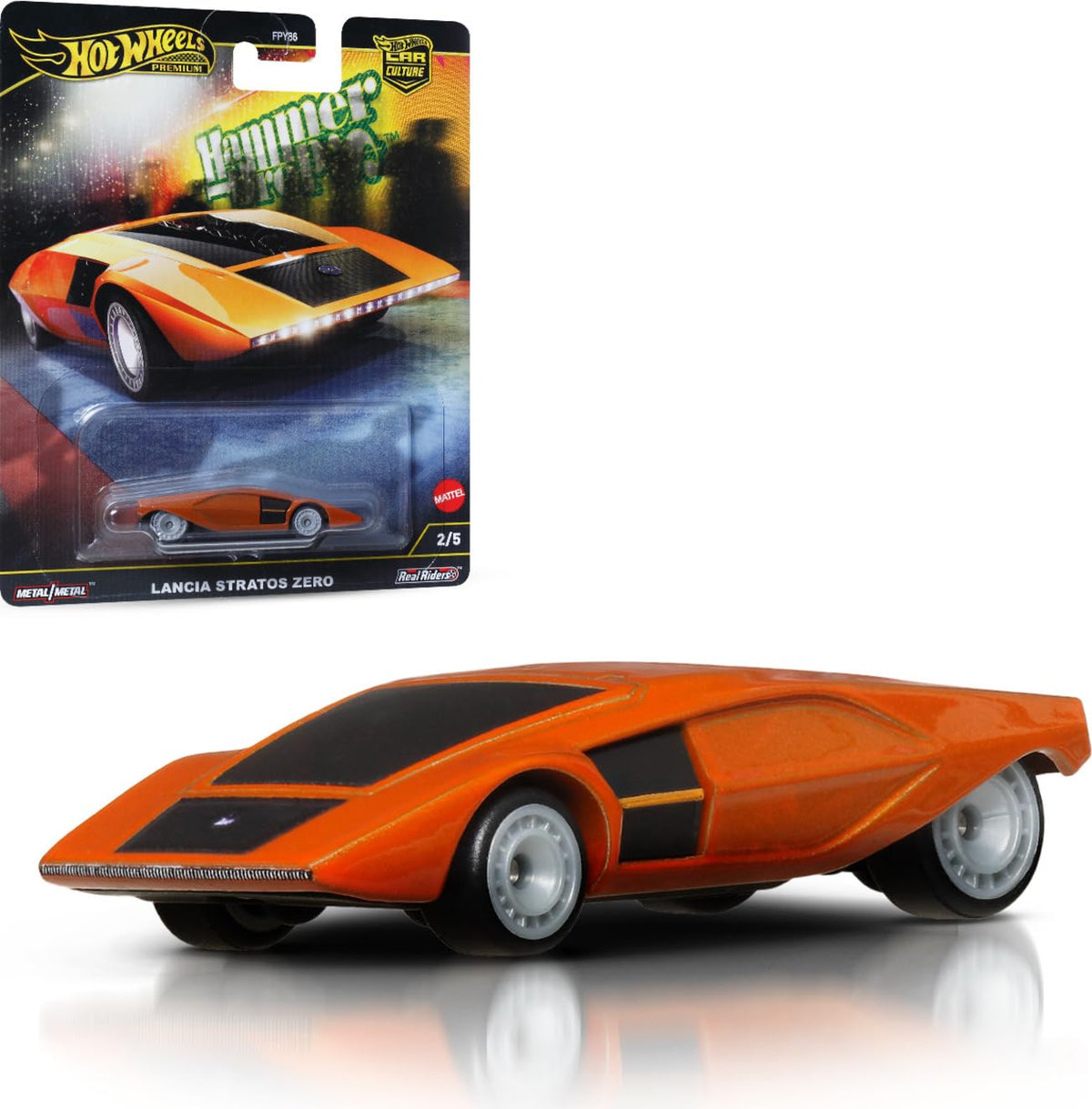 Hot Wheels Lancia Stratos Zero hammer drop front view for collector display.