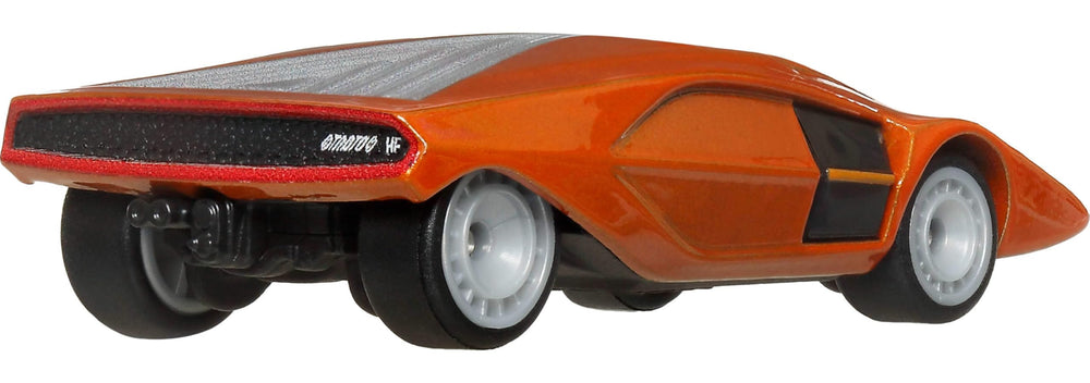 Hot Wheels Lancia Stratos Zero hammer drop side view, vivid display-ready deco.
