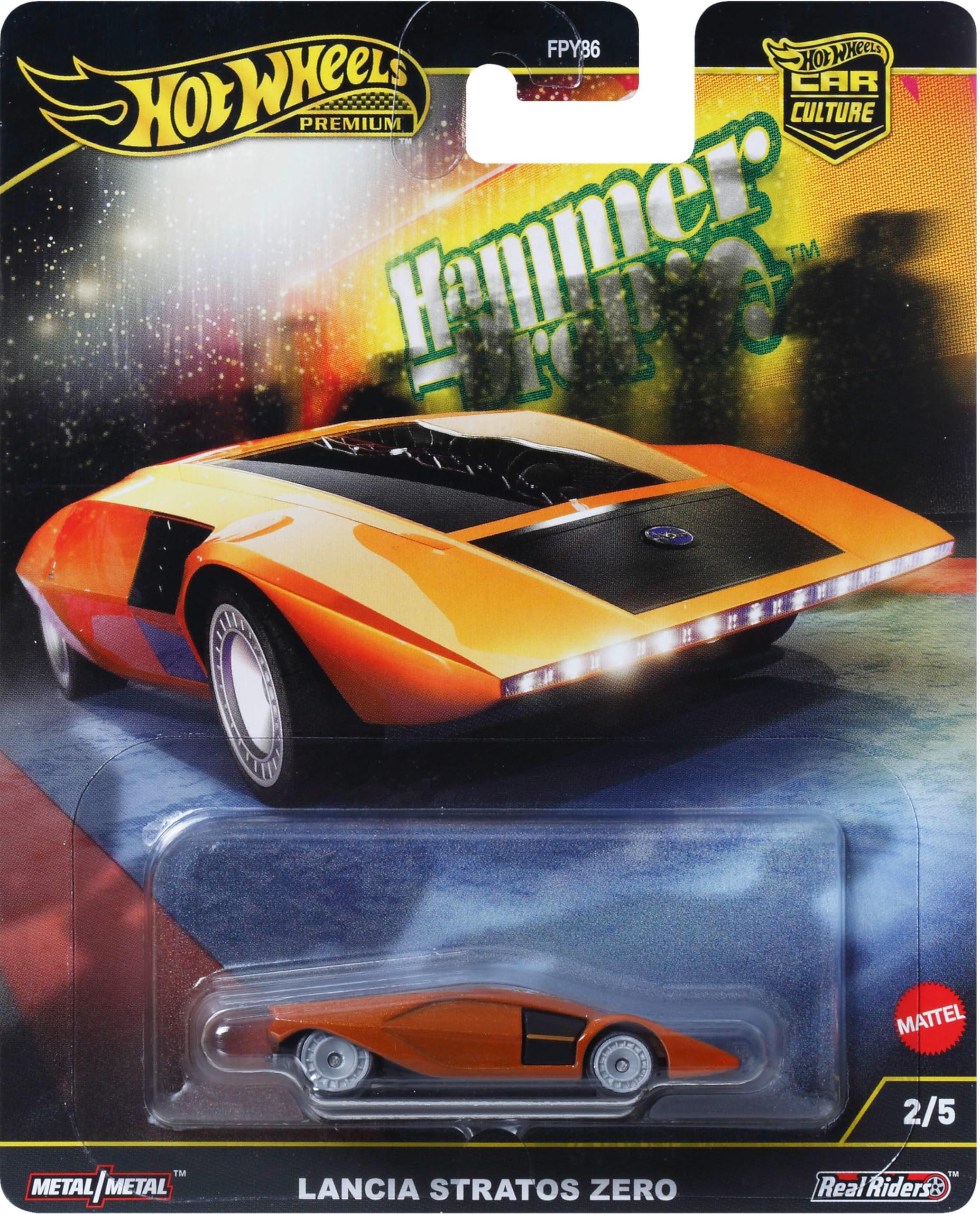 Hot Wheels Lancia Stratos Zero packaging art display, enhances shelf appeal.