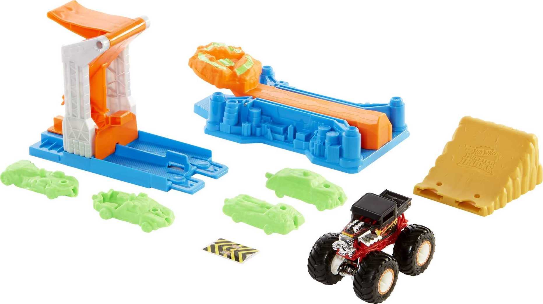 Hot Wheels launcher-bash set shows high-energy launch action for kids.