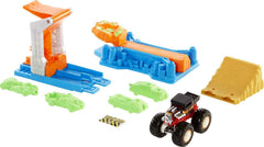 Hot Wheels launcher-bash set shows high-energy launch action for kids.