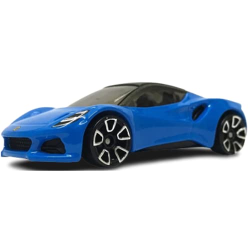 Hot Wheels Lotus Emira blue side view, ideal for shelf display.