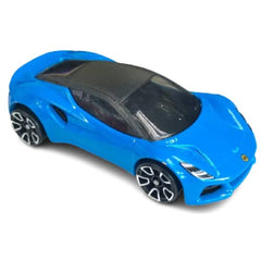 Hot Wheels Lotus Emira blue top-down view, highlights intricate die-cast details.