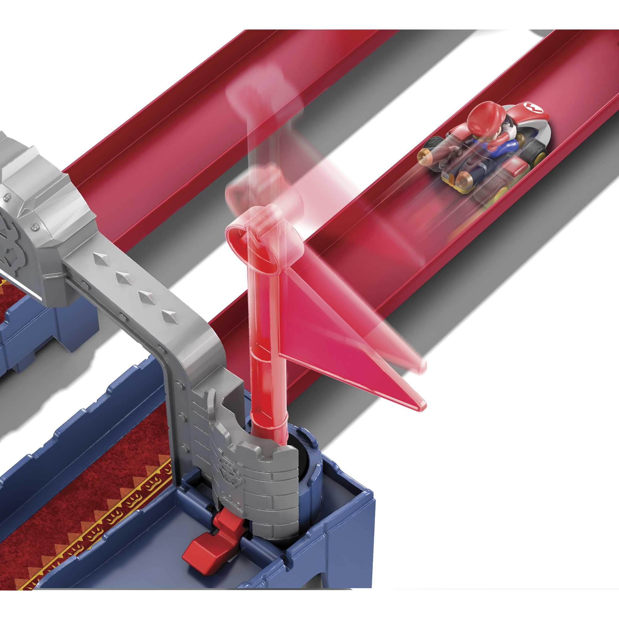 Banked turn section for faster, curved racing action.