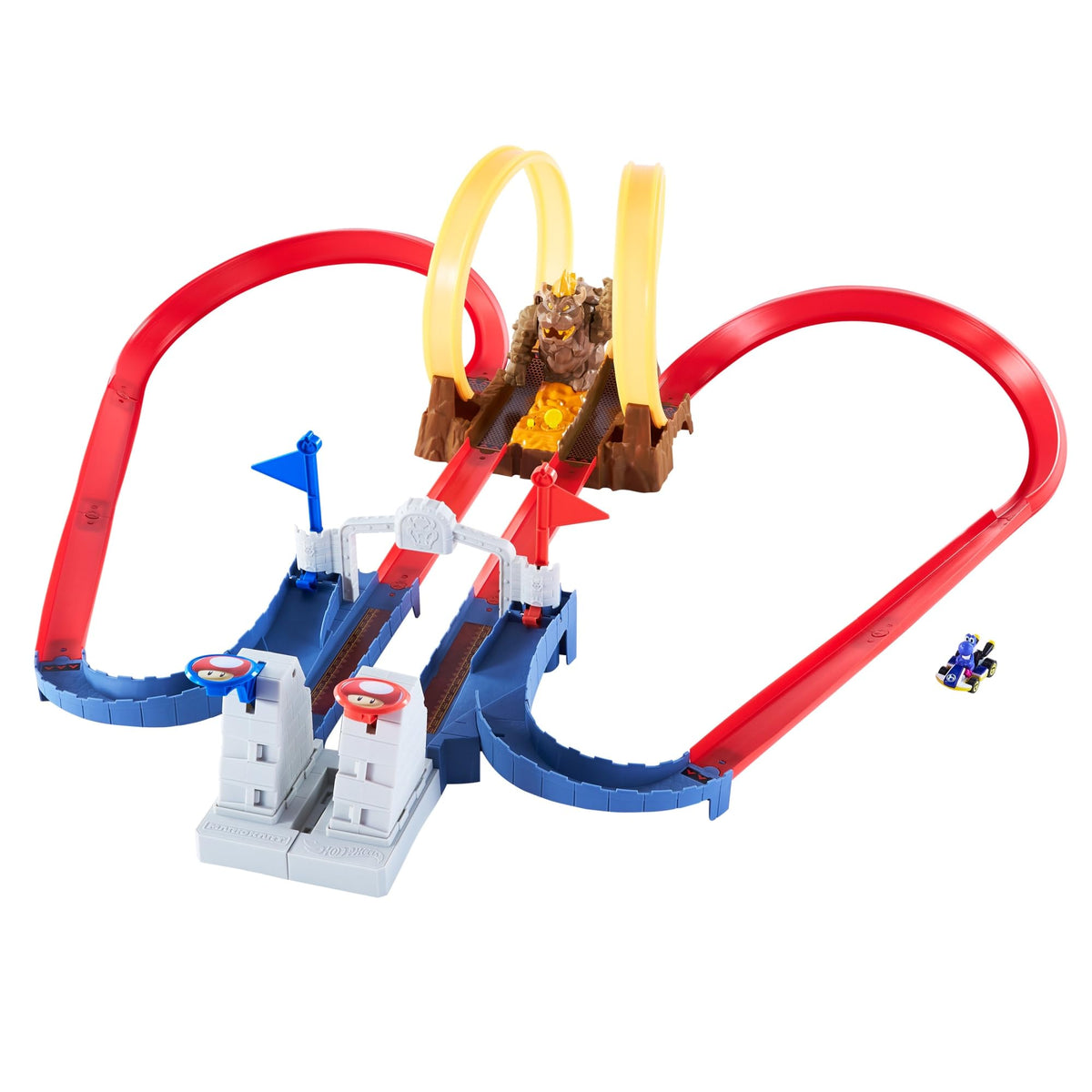 Hot Wheels Mario Kart Bowser’s Castle Chaos track with side-by-side race flags.