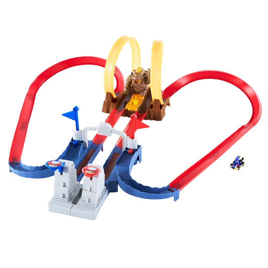 Hot Wheels Mario Kart Bowser’s Castle Chaos track with side-by-side race flags.
