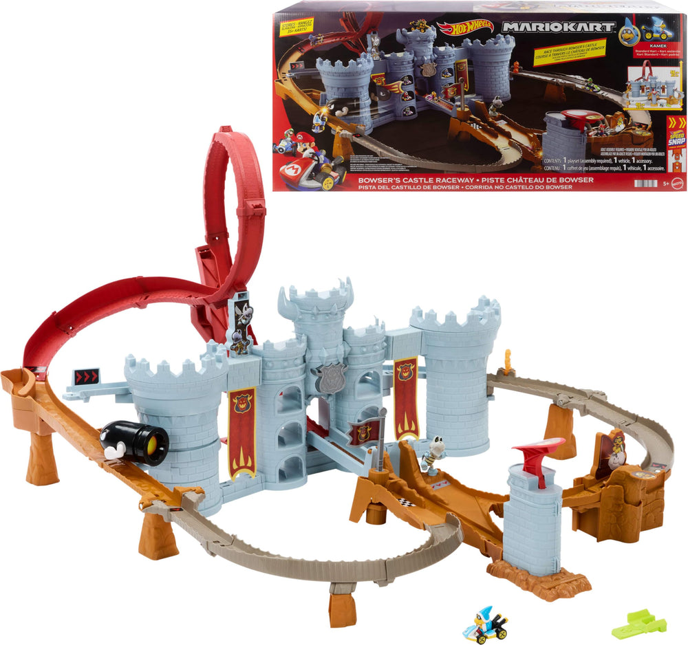 Hot Wheels Mario Kart Bowser's Castle track set—expansive layout for epic racing adventures.