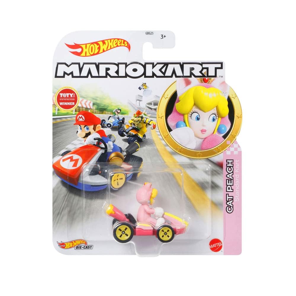 Hot Wheels Mario Kart Cat Peach pink standard kart on track demonstrates playful speed