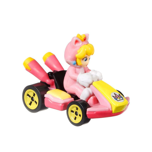 Hot Wheels Mario Kart Cat Peach pink standard kart side view shows dynamic race-ready silhouette for play