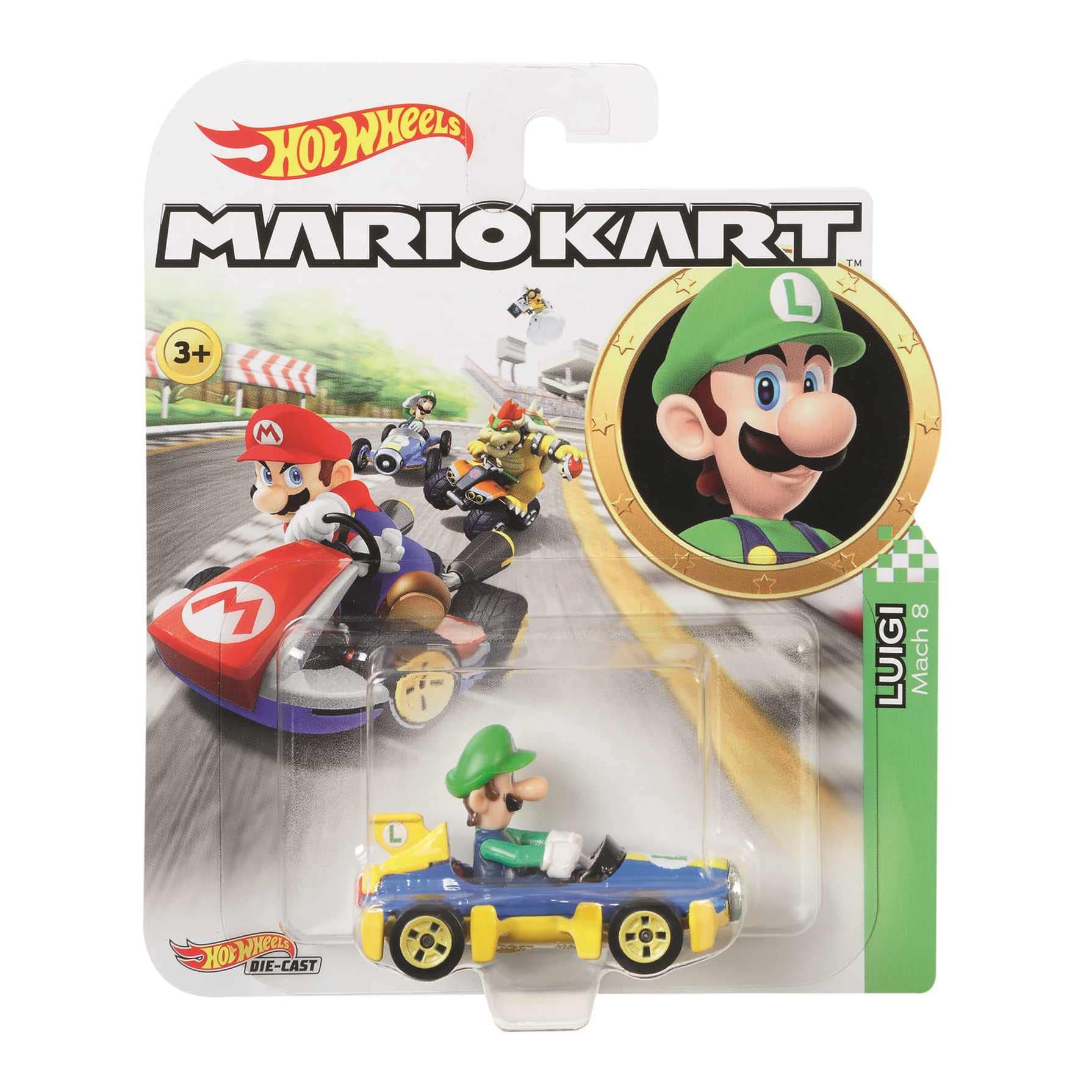 Hot Wheels Mario Kart Luigi Mach 8 die-cast car ready for track play