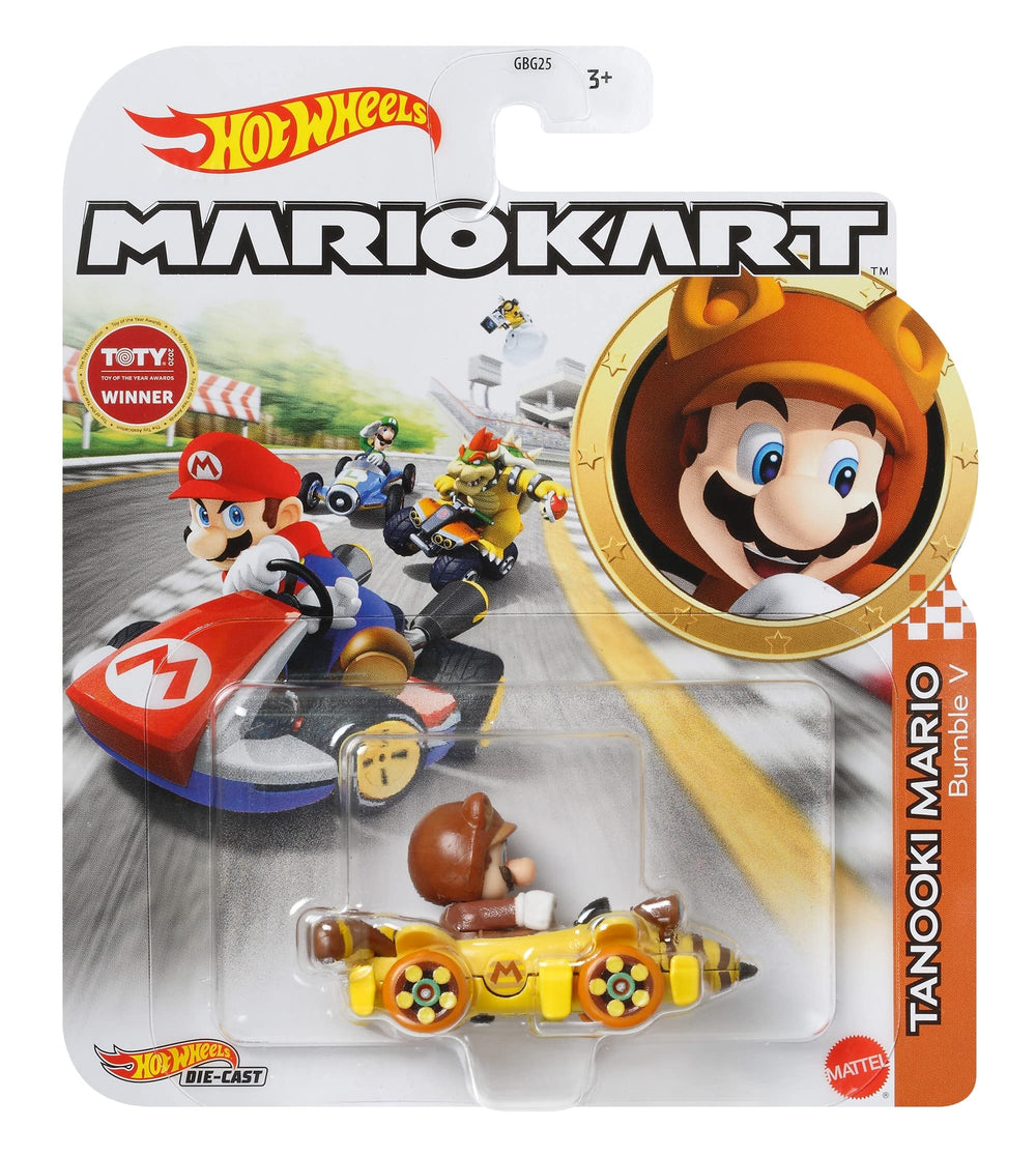Hot Wheels Mario Kart Tanooki Bumble V die-cast replica ready for on-track action.