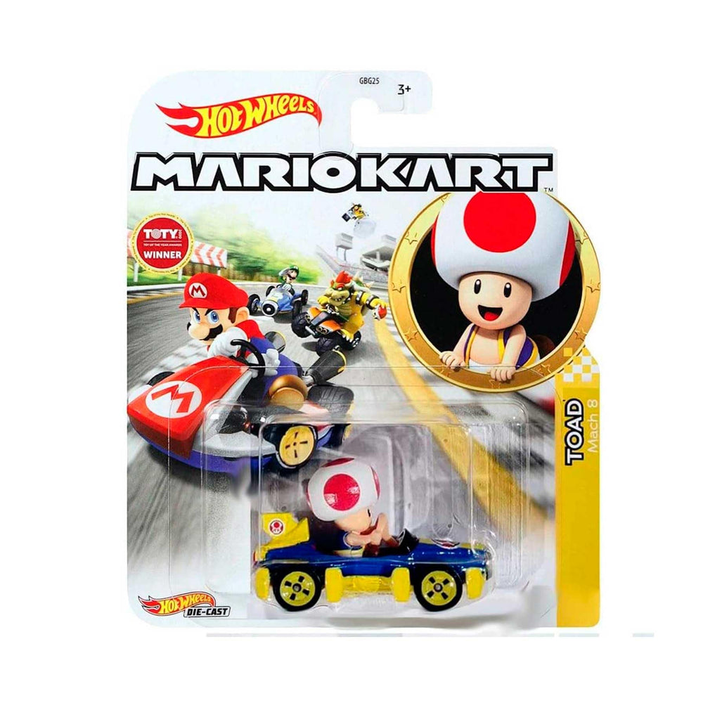 Hot Wheels Mario Kart Toad Mach 8 front view, ideal for imaginative racing play.