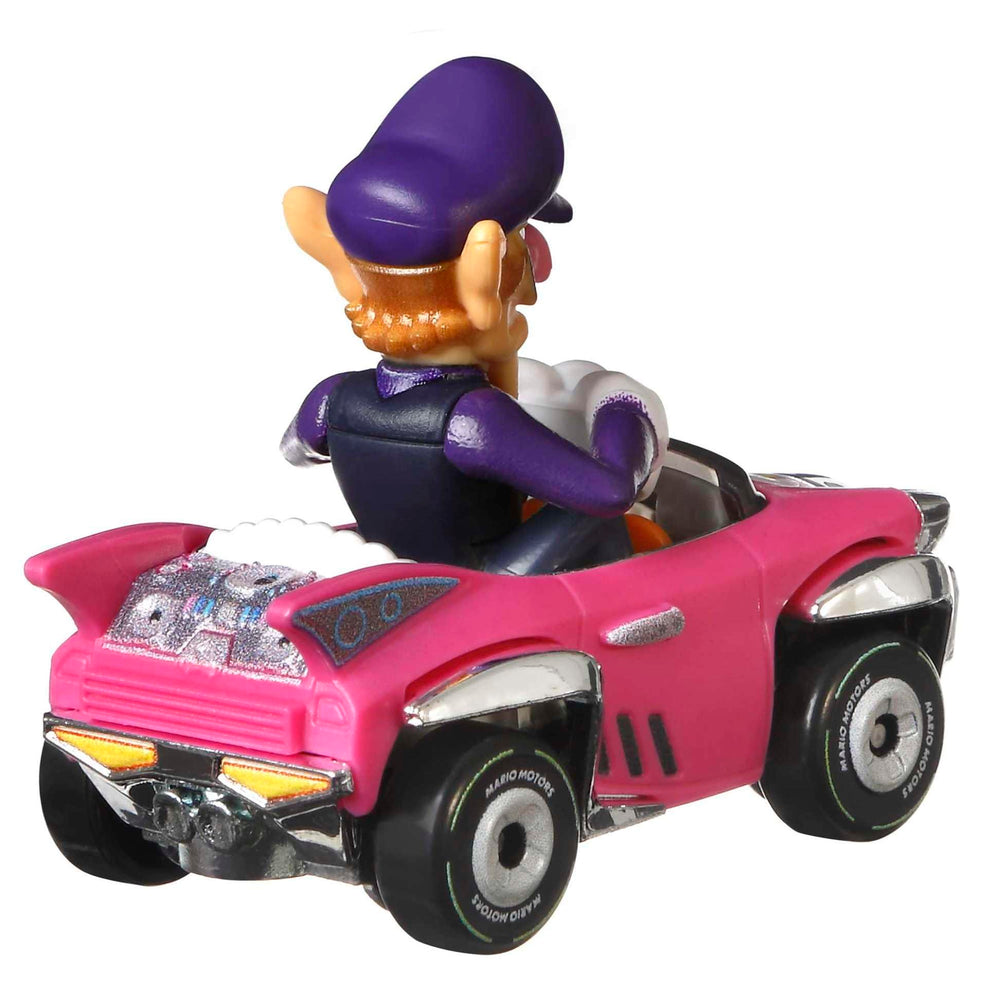 Hot Wheels Mario Kart Waluigi Badwagon close-up decals, perfect for imaginative play.