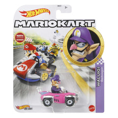 Hot Wheels Mario Kart Waluigi Badwagon front angle, purple livery enhances display appeal.